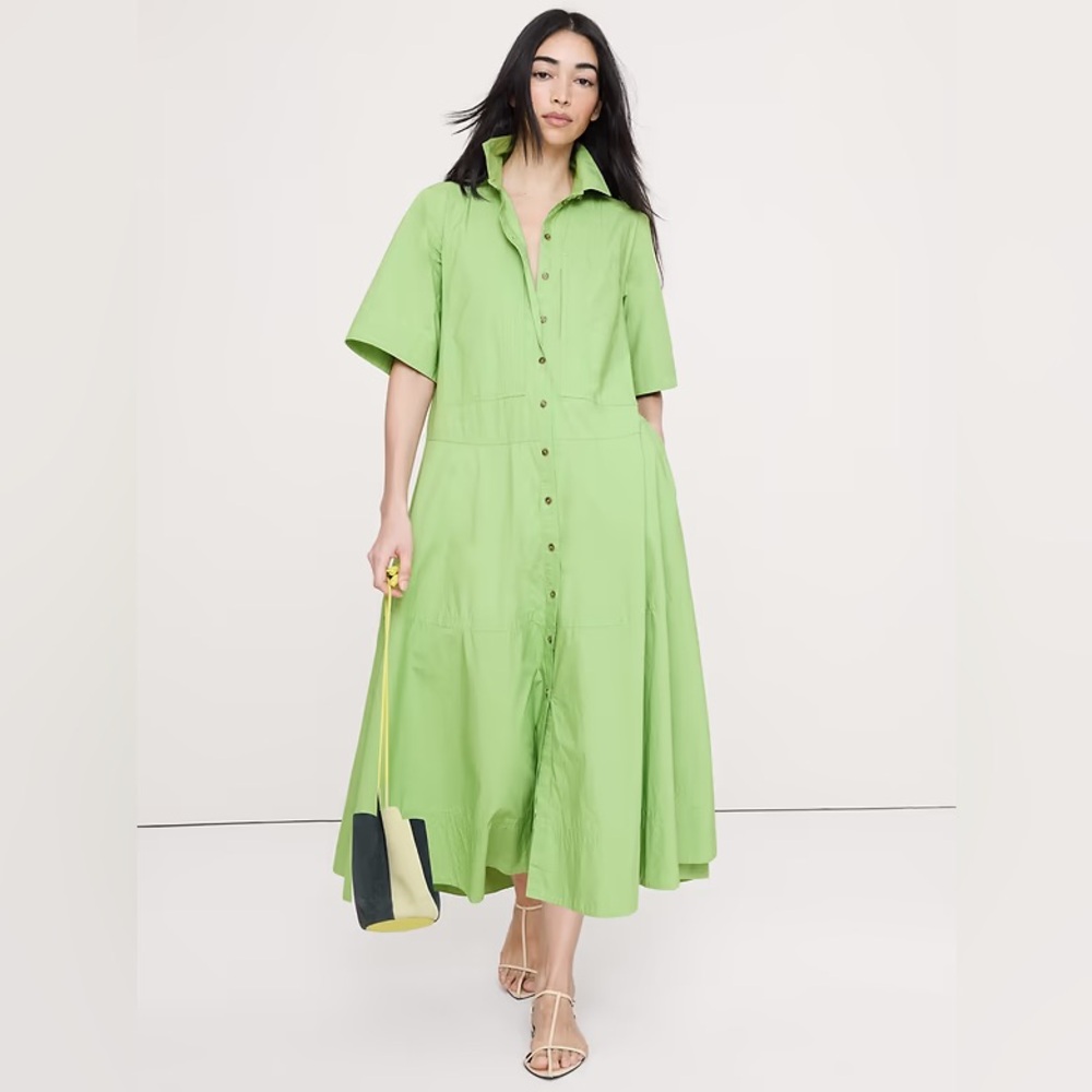 NWT! Banana Rublic Grassy Green Cotton Poplin Trapeze Maxi Shirt Dress - 🕰️